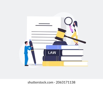 Law Business Regulatory Compliance Banner With People Characters Working With Documents, Flat Vector Illustration On Blue Background. Law Regulation Of Business Workflow.