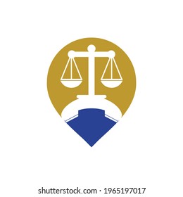 Law call vector logo design template. Handset and balance with pin point icon design.
