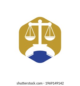 Das Gesetz nennt Vektorlogo-Design-Vorlage. Design des Handgeräts und der Balance des Symbols.