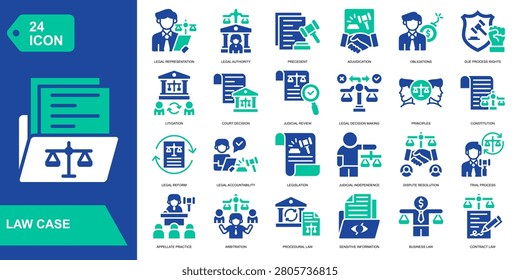 Law Case icon collection set. Legal Representation,Legal Authority,Precedent,Adjudication. Glyph Color Vector Icons