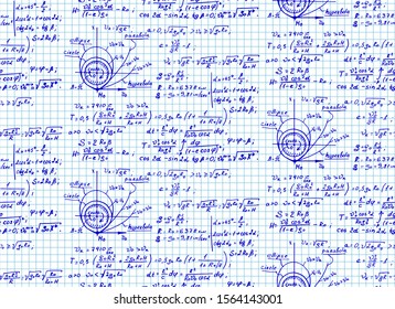 The law of centrifugal force of the Earth. Physical equations on notebook page. Vector hand-drawn seamless pattern. Vintage scientific and educational background.