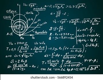 The law of centrifugal force of the Earth. Physical equations on blackboard. Vector hand-drawn illustration. Vintage scientific and educational background.