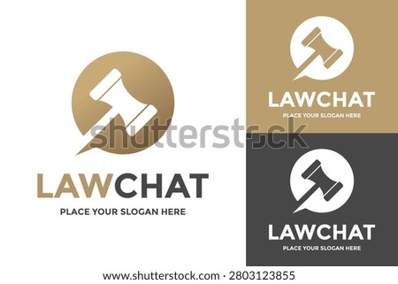 Law chat logo design combining a judge gavel and speech bubble for legal consulting and forum.