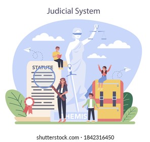 Law class concept. Punishment and judgement education. Judicial system. Jurisprudence course. Vector illustration in cartoon style