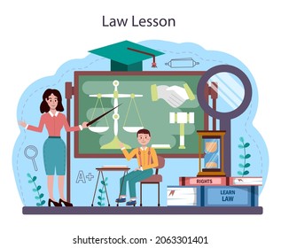 Law class concept. Punishment and judgement education. Jurisprudence school course. Guilt and innocence idea. Vector illustration in cartoon style