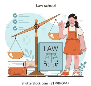 Concepto de clase de derecho. Educación para castigos y juicios. Curso escolar de jurisprudencia. Idea de culpabilidad e inocencia, aprendizaje de los derechos del niño. Ilustración vectorial plana