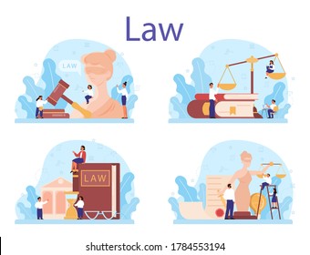 Law class concept set. Punishment and judgement education. Guilt and innocence idea. Law course. Vector illustration in cartoon style