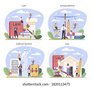 Law class concept set. Punishment and judgement education. Guilt and innocence idea. Jurisprudence course. Vector illustration in cartoon style