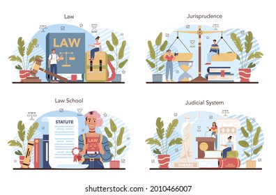 Law class concept set. Punishment and judgement education. Jurisprudence school course. Guilt and innocence idea. Vector illustration in cartoon style
