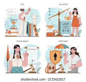 Law Class Concept Set. Punishment And Judgement Education. Jurisprudence School Course. Guilt And Innocence Idea, Child Rights Learning. Flat Vector Illustration