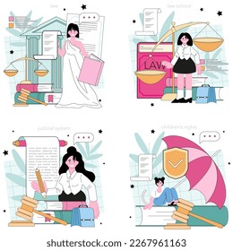 Law class concept set. State judicial system studying. Jurisprudence school course. Guilt and innocence , child rights learning. Flat vector illustration