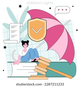 Concepto de clase de derecho. Estudio del sistema judicial estatal. Curso escolar de jurisprudencia. Culpa e inocencia, aprendizaje de los derechos del niño. Ilustración vectorial plana