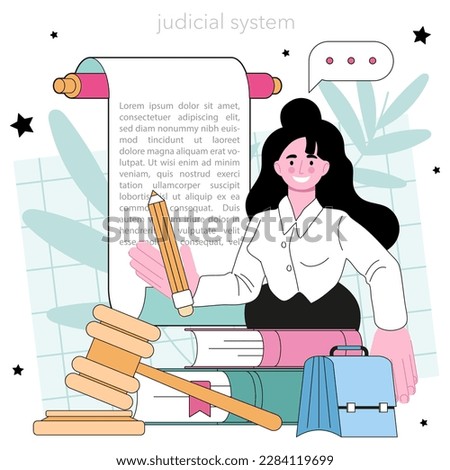 Law class concept. State judicial system studying. Jurisprudence school course. Guilt and innocence, child rights learning. Flat vector illustration
