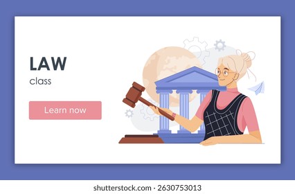 Law class landing page. Woman with judges gavel near courthouse. Justice and judgement. Education, learning and training. Poster or banner for website. Flat vector illustration