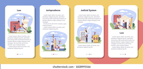 Banner de aplicación móvil de clase legal. Educación para castigos y juicios. Idea de culpabilidad e inocencia. Curso de jurisprudencia. Ilustración vectorial en estilo de caricatura