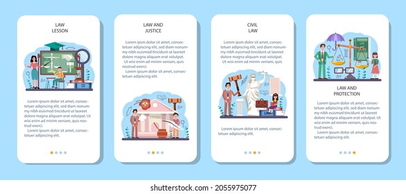 Law class mobile application banner set. Punishment and judgement education. Jurisprudence school course. Guilt and innocence idea. Vector illustration in cartoon style