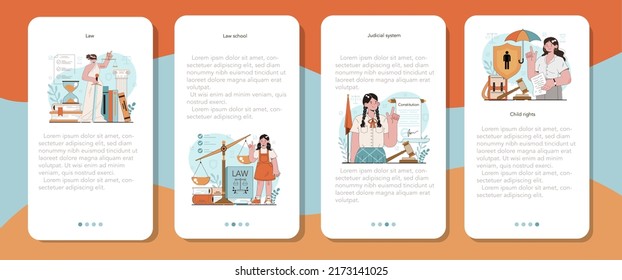 Juego de banners de aplicación móvil de clase jurídica. Educación para castigos y juicios. Curso escolar de jurisprudencia. Idea de culpabilidad e inocencia, aprendizaje de los derechos del niño. Ilustración vectorial plana