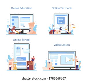 Law Class Online Service Or Platform Set. Punishment And Judgement Education. Online Education, Textbook, School, Video Lesson. Vector Illustration In Cartoon Style