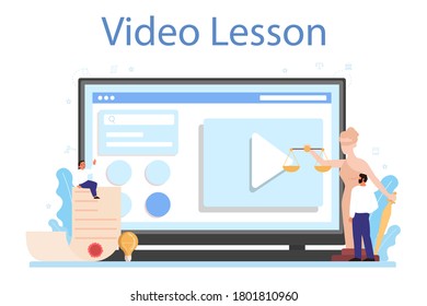 Law class online service or platform. Punishment and judgement education. Video lesson. Vector illustration in cartoon style