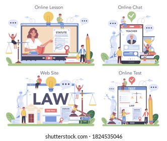 Law Class Online Service Or Platform Set. Punishment And Judgement Education. Jurisprudence Course. Online Lesson, Chat With Professor, Website, Test. Vector Illustration In Cartoon Style