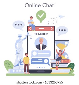 Law class online service or platform. Punishment and judgement education. Jurisprudence course. Online chat with professor. Vector illustration in cartoon style