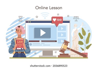 Law class online service or platform. Punishment and judgement education. Jurisprudence school course. Guilt and innocence. Online lesson. Flat vector illustration