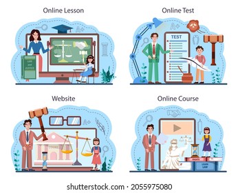 Law class online service or platform set. Punishment and judgement education. Jurisprudence school course. Guilt and innocence idea. Online test, lesson, course, website. Flat vector illustration