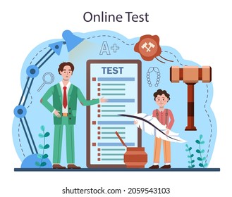 Law class online service or platform. Punishment and judgement education. Jurisprudence school course. Guilt and innocence idea. Online test. Flat vector illustration