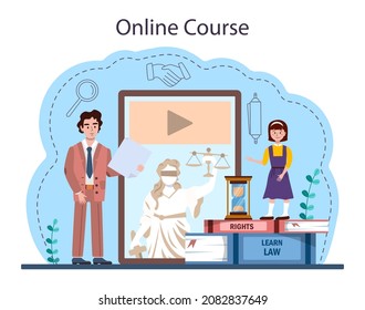 Law class online service or platform. Punishment and judgement education. Jurisprudence school course. Guilt and innocence idea. Online course. Flat vector illustration