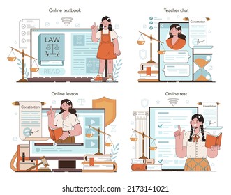 Law Class Online Service Or Platform Set. Punishment And Judgement Education. Jurisprudence School Course. Child Rights Learning. Online Test, Lesson, Textbook, Chat. Flat Vector Illustration