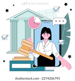 Law class online service or platform. State judicial system studying. Jurisprudence school course. Guilt and innocence idea learning. Online call. Flat vector illustration