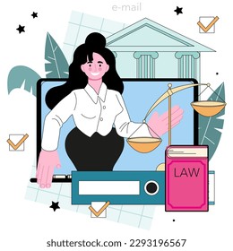 Law class online service or platform. State judicial system studying. Jurisprudence school course. Guilt and innocence idea learning. E-mail. Flat vector illustration