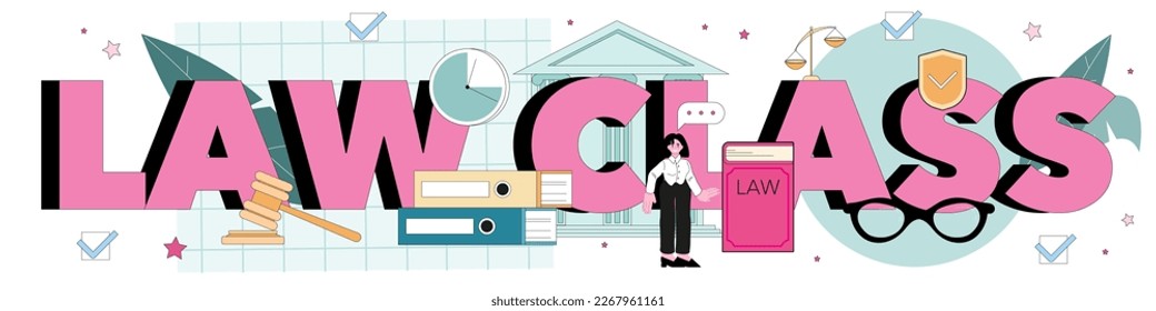 Law class typographic header. State judicial system studying. Jurisprudence school course. Guilt and innocence idea, child rights learning. Flat vector illustration