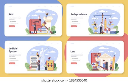 Law class web banner or landing page set. Punishment and judgement education. Guilt and innocence idea. Jurisprudence course. Vector illustration in cartoon style