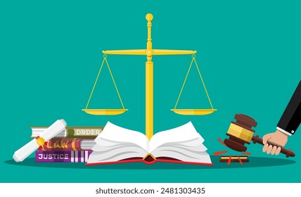 Law code books, justice scales and judge gavel. Law judgment punishment order justice. Wooden hammer. Legal and legislation authority. Vector illustration in flat style