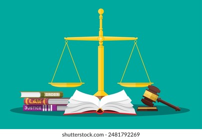 Law code books, justice scales and judge gavel. Law judgment punishment order justice. Wooden hammer. Legal and legislation authority. Vector illustration in flat style