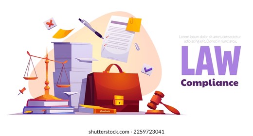 Law compliance, company policies and rules. Legal regulatory guidelines banner with paper documents stacks, books, balance and judicial hammer, vector cartoon illustration