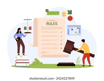 Law compliance, company policies and rules document, legal regulatory guide and advices. Tiny people practice regulatory legislation with balance scales and judges hammer cartoon vector illustration