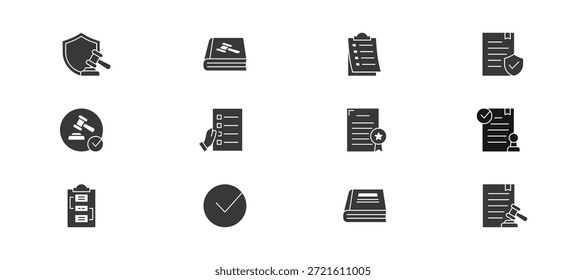 Conjunto de iconos de ley y cumplimiento que contiene ley, código de conducta, reglas, política, conformidad, requisito, Licencia, conformidad, procedimientos, verificación, directriz, regulación, iconos vectoriales