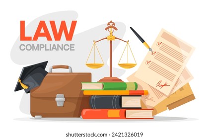 Law compliance. Regulatory compliant concept, legal finance attorney advice government legislation standard procedures, business company or court policies, neat vector illustration of law regulatory