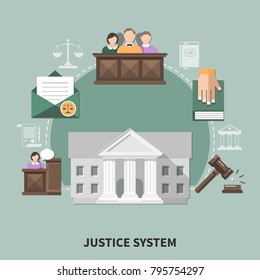 Law Composition With Set Of Flat Justice System Related Images Court Hearing Participants Human Characters And Icons Vector Illustration