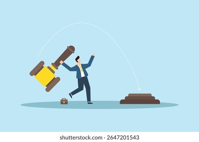 Conceito de lei. Empresário comemorando a vitória com Gavel sobre banco de lei na ilustração de estilo minimalista.