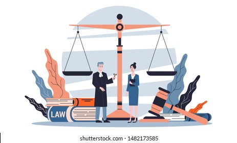 Law Concept. Idea Of Justice, Court And Lawyer. Gavel And Judge Book, Bill And Scales. Isolated Flat Vector Illustration