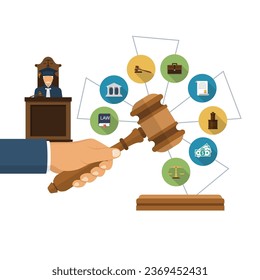 Law concept. The judge holds the gavel of justice in hand. Icons symbols of law and justice. Legal aid template. Vector illustration flat design. Isolated on white background.