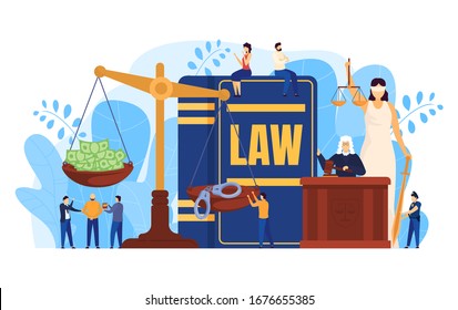 Law concept, judge and lawyers in courtroom, scales as symbol of justice, vector illustration. Attorney at law, criminal and police officer cartoon characters. Money and handcuffs on scales, people