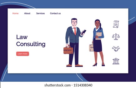 Law consulting landing page vector template. Legal adviser website interface with flat characters. Advocate, lawyer services homepage layout. Jurist, juridical consultant web banner, webpage concept