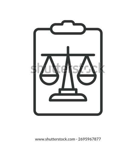 Law contract icon in line design. law, contract, agreement, scale, justice, clipboard, document on white background vector. Law contract editable stroke icon