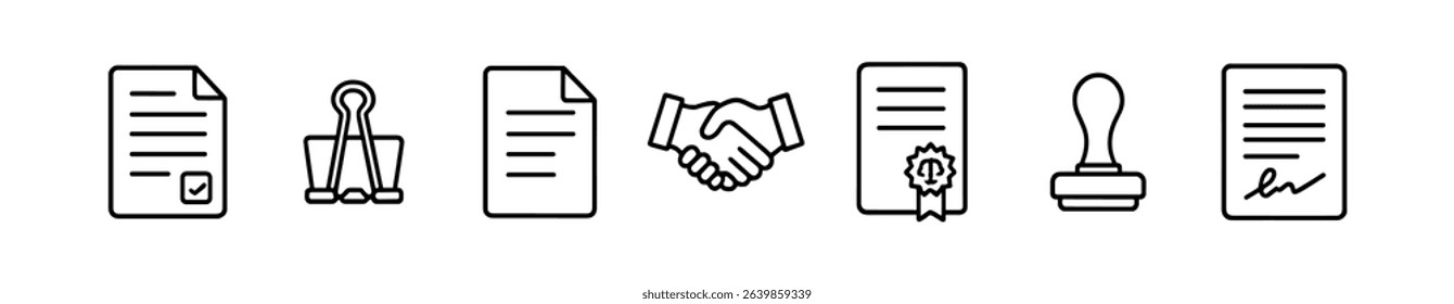 Law and contract line icon set. agreement, document, legal symbols for business