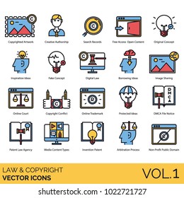 Law & Copyright Icons. Artwork, Author, Search, Open Content, Original Idea, Fake Concept, Digital Law, Online Court, Trademark, Dmca File Notice, Invention Patent, Arbitration Process, Public Domain.