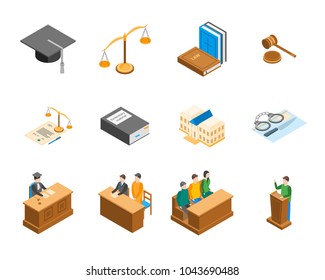 Law Court 3d Icons Set Isometric View Include of Lawyer, Handcuff, Scale and Document. Vector illustration of Icon